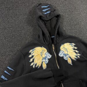 Imperious Lion Headdress Embroidered Full Zip Hoodie Mens M Black Distressed Y2K